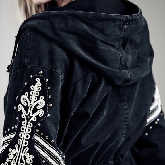 Free People Military Quills Golden Jacket Hood Embellished Black Gold - Picture 5 of 8